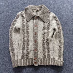 Vintage Sweater Cardigan Womens 46 Gray Wool Collared Cable Knit Button Front